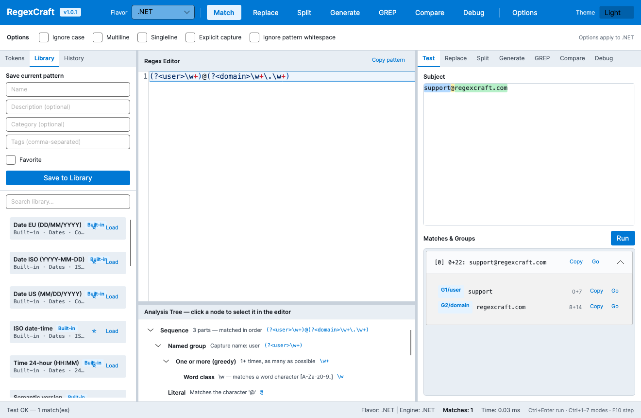 Library sidebar with built-in patterns
