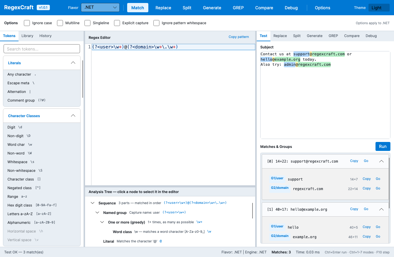 RegexCraft Match mode showing pattern editor, analysis tree, and highlighted matches